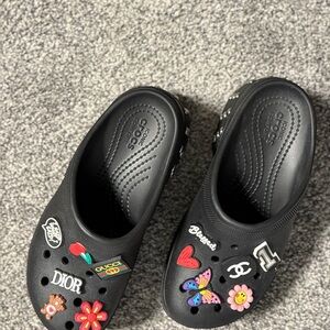 CROCS Black Platform Clogs with Colorful Embellishments